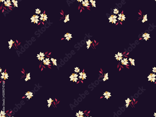 Seamless floral pattern, elegant ditsy print with small plants in vintage style. Dark botanical background with small scattered flowers, leaves, tiny bouquets. Vector illustration.