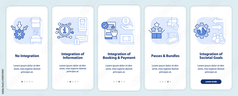 MaaS integration levels light blue onboarding mobile app screen. Walkthrough 5 steps editable graphic instructions with linear concepts. UI, UX, GUI template. Myriad Pro-Bold, Regular fonts used