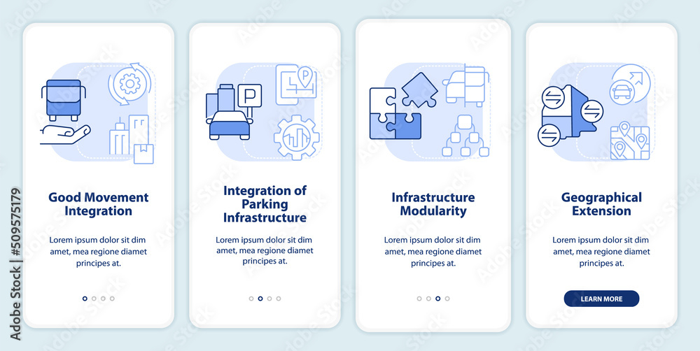 MaaS requirements light blue onboarding mobile app screen. Service walkthrough 4 steps editable graphic instructions with linear concepts. UI, UX, GUI template. Myriad Pro-Bold, Regular fonts used