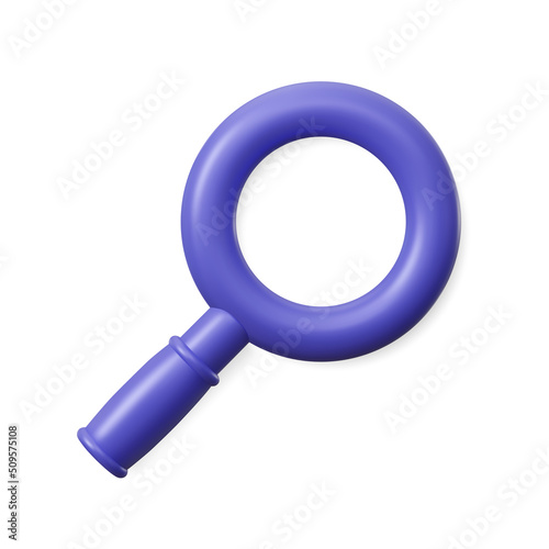 Violet magnifying glass. 3d volume lens icon. Realistic vector magnifier isolated on white background