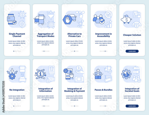 Mobility services light blue onboarding mobile app screen set. Urban walkthrough 5 steps editable graphic instructions with linear concepts. UI, UX, GUI template. Myriad Pro-Bold, Regular fonts used