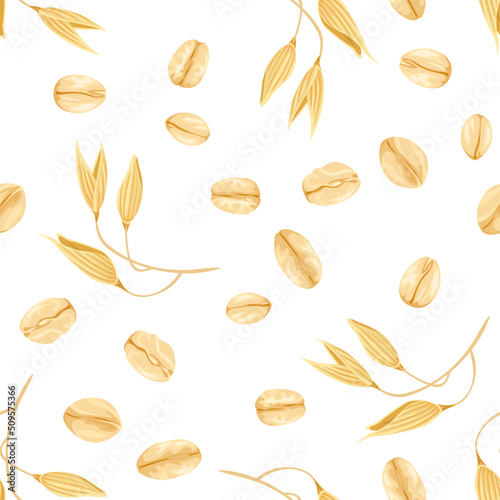 Oats seamless pattern. Vector ears of oats and flakes on white. Background with agricultural plant and grains. Cartoon illustration.
