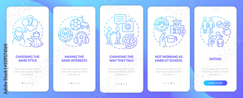 Teen peer pressure blue gradient onboarding mobile app screen. Same style adopt walkthrough 5 steps graphic instructions with linear concepts. UI, UX, GUI template. Myriad Pro-Bold, Regular fonts used