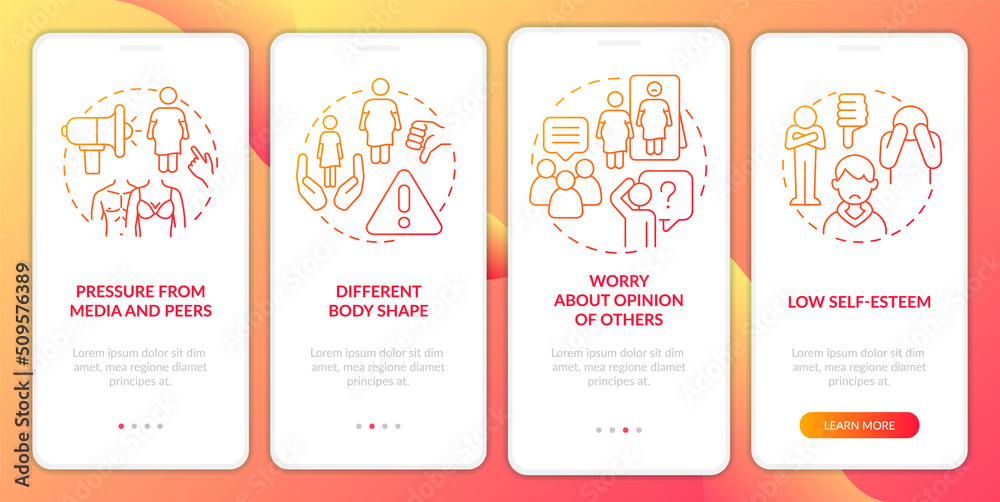 Teenager with body image issues red gradient onboarding mobile app screen. Walkthrough 4 steps graphic instructions with linear concepts. UI, UX, GUI template. Myriad Pro-Bold, Regular fonts used