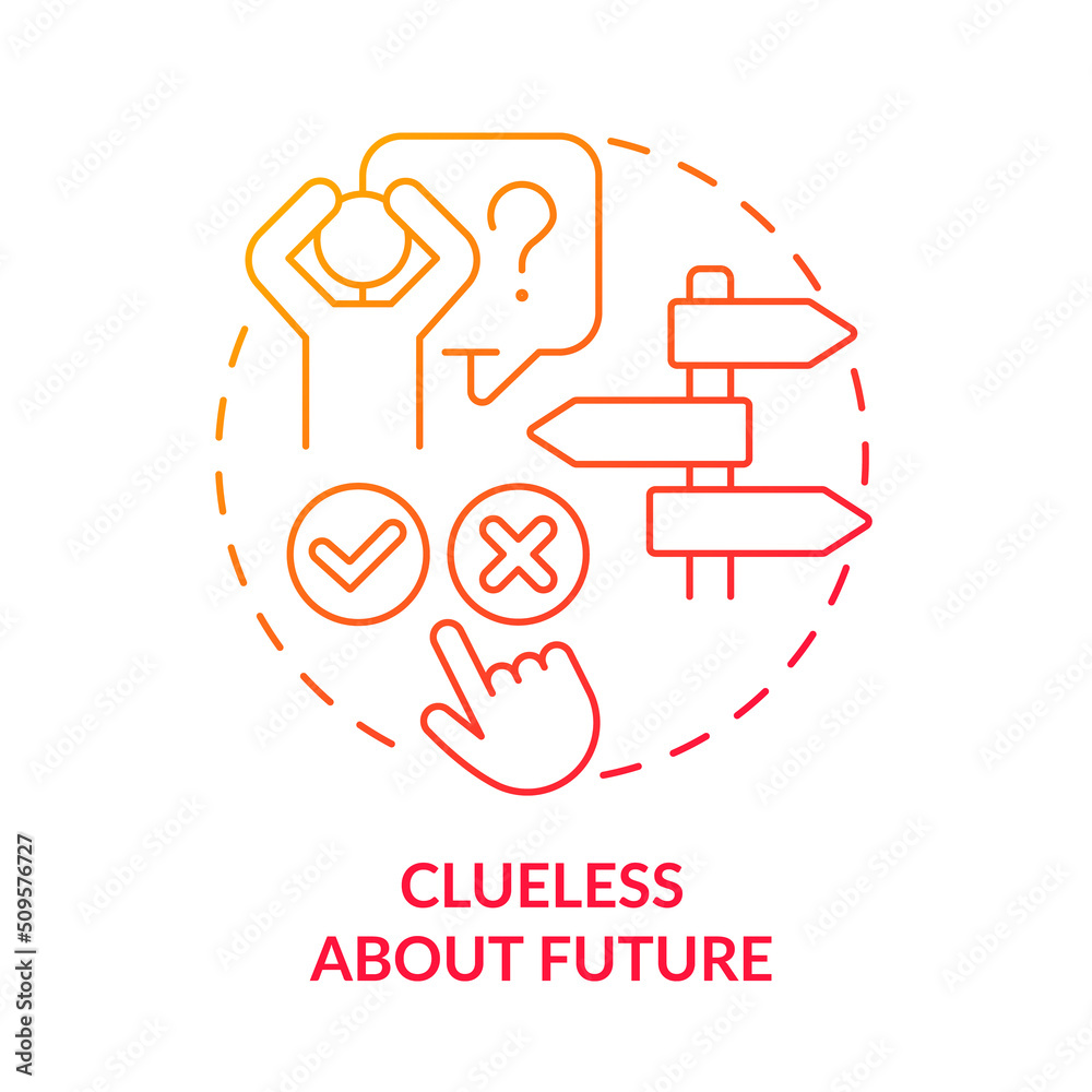 Clueless about future red gradient concept icon. Issue in adolescence abstract idea thin line illustration. Feeling stressed about life. Isolated outline drawing. Myriad Pro-Bold font used