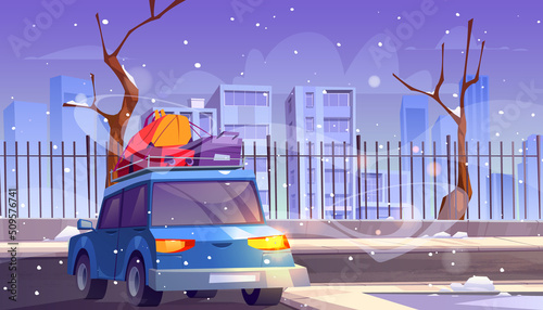 Car with luggage and bags on roof rear view driving asphalt road at winter cityscape background with falling snow and modern megapolis architecture. Relocation, travel Cartoon vector illustration