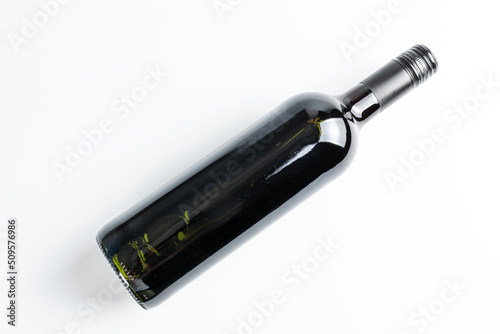 Top view of a bottle of wine. Wine bottle bottom angle isolated. Glass Wine Bottle Mockup.