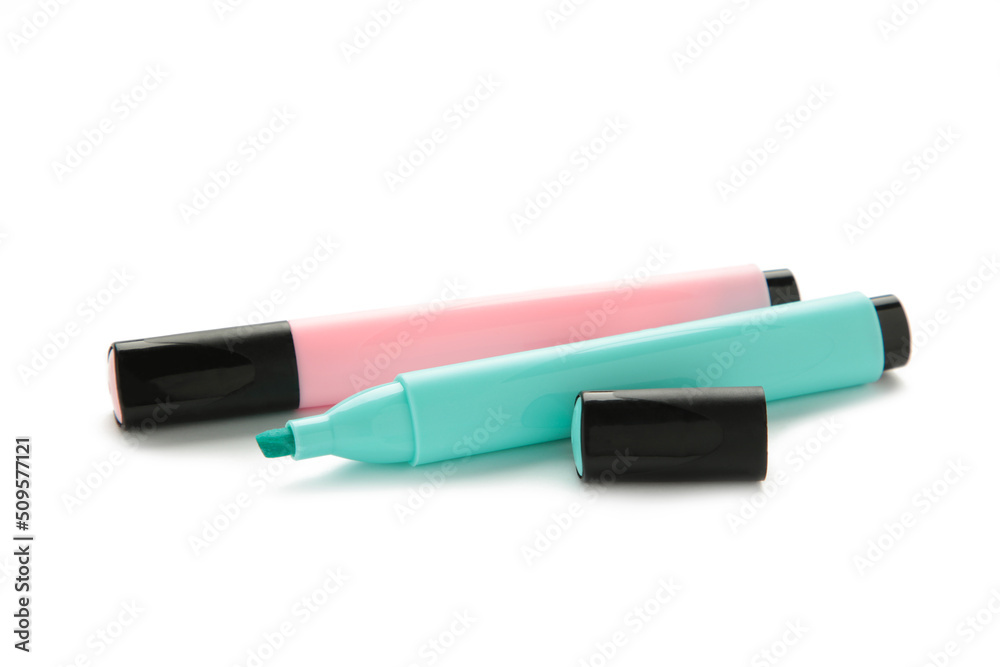 Open blue and pink highlighters isolated on white background Open blue and pink highlighters isolated on white background