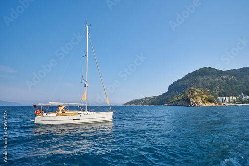 Beautiful Panoramic Aerial view at of boats, yacht, sailboat and bay in Marmaris, Turkey. © Ryzhkov Oleksandr