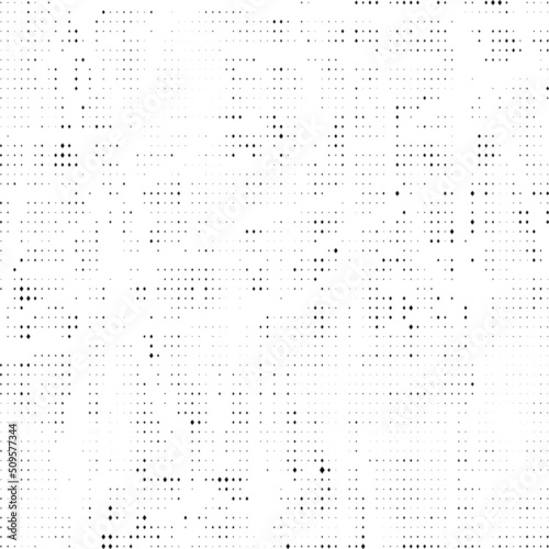 Grunge halftone texture background. Overlay dots pattern. Distress grain background. Monochrome grungy speckle effect. Retro print distressed wallpaper. Pixelated particles backdrop