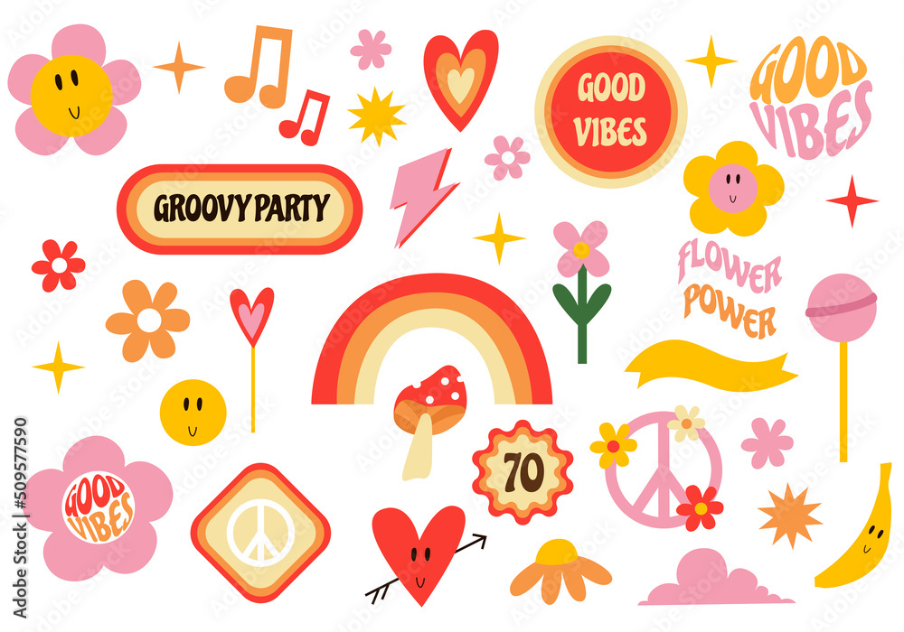 70s big set of retro hippie icons.1970 vibe set. Trendy retro flat illustrations.