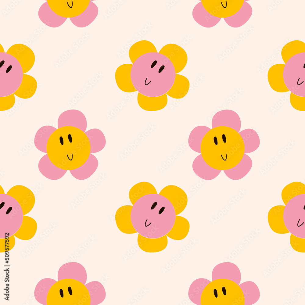 70s retro daisy seamless pattern.1970 groovy daisy flower. Retro background 70s retro daisy seamless pattern.1970 groovy daisy flower. Retro background