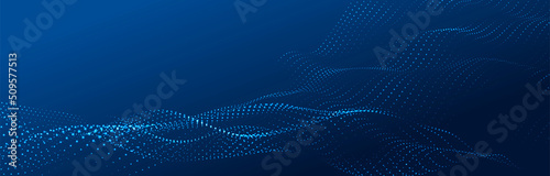 Wave of flowing particles on a dark background. Abstract backdrop with dynamic elements of waves and dots. Vector