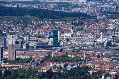 Aerial view of City of Zürich seen from local mountain Uetliberg on a sunny spring day. Photo taken May 18th, 2022, Zurich, Switzerland.