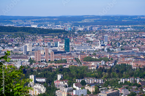 Fototapeta Naklejka Na Ścianę i Meble -  Aerial view of City of Zürich seen from local mountain Uetliberg on a sunny spring day. Photo taken May 18th, 2022, Zurich, Switzerland.