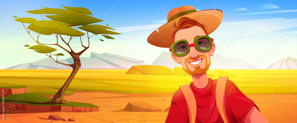 Tourist man posing over african savanna landscape background for taking photo in travel. Smiling guy with backpack visiting sightseeing in journey on summer holidays tour, Cartoon vector illustration