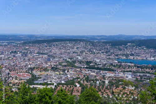 Aerial view of City of Zürich and Lake Zürich seen from local mountain Uetliberg on a sunny spring day. Photo taken May 18th, 2022, Zurich, Switzerland.