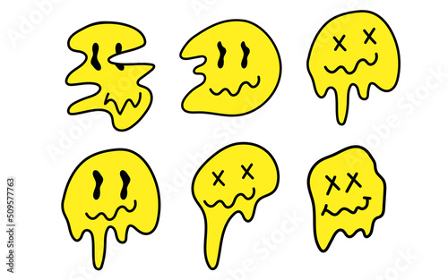 Set of psychedelic smiles. Melting yellow smiles. Psychedelic smile faces.Flat illustration