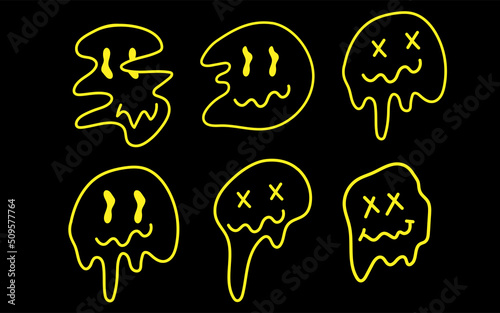 Set of psychedelic smiles. Melting yellow line smiles on black background. Psychedelic smile faces.Flat illustration