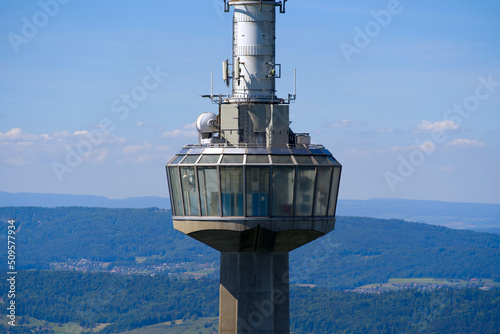 Aerial view of communications tower at local mountain Uetliberg on a sunny spring day. Photo taken May 18th, 2022, Zurich, Switzerland. photo