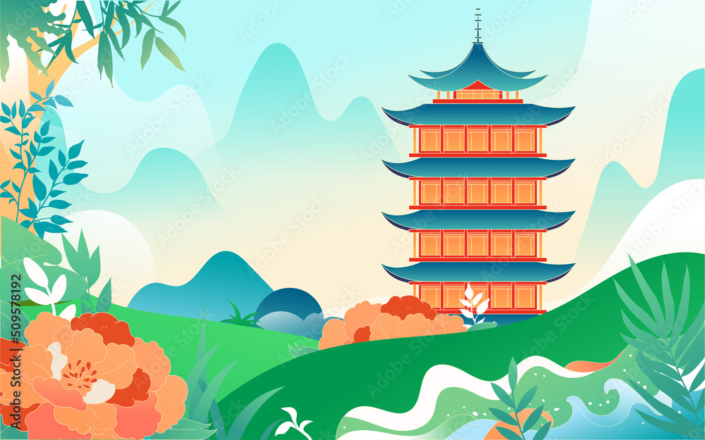People travel on vacation with various plants and buildings in the background, vector illustration, Chinese translation: Summer Solstice