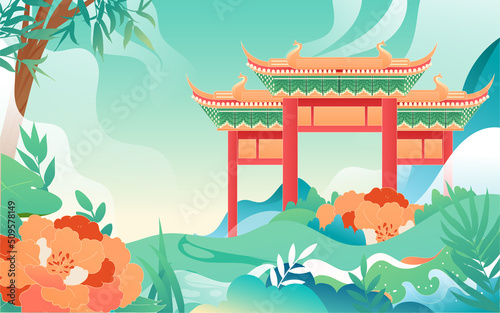 People travel on vacation with various plants and buildings in the background, vector illustration, Chinese translation: Summer Solstice