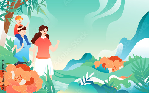 People travel on vacation with various plants and buildings in the background, vector illustration, Chinese translation: Summer Solstice #509578157