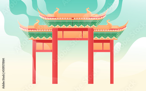 People travel on vacation with various plants and buildings in the background, vector illustration, Chinese translation: Summer Solstice #509578164
