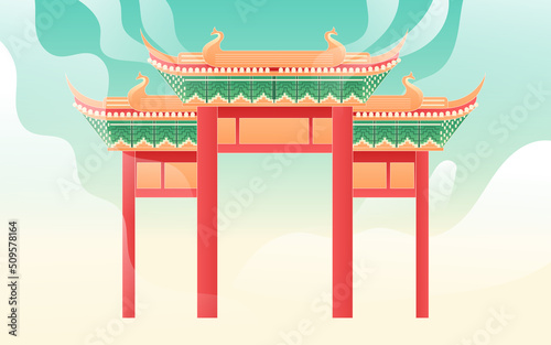 People travel on vacation with various plants and buildings in the background, vector illustration, Chinese translation: Summer Solstice