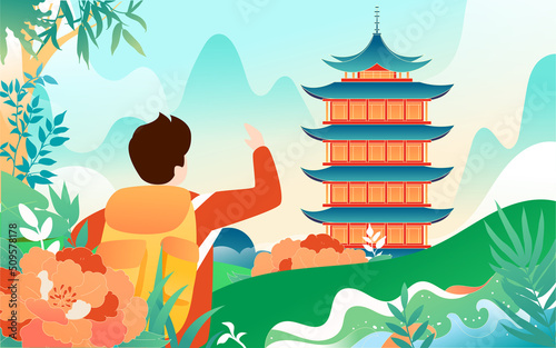 People travel on vacation with various plants and buildings in the background, vector illustration, Chinese translation: Summer Solstice #509578178
