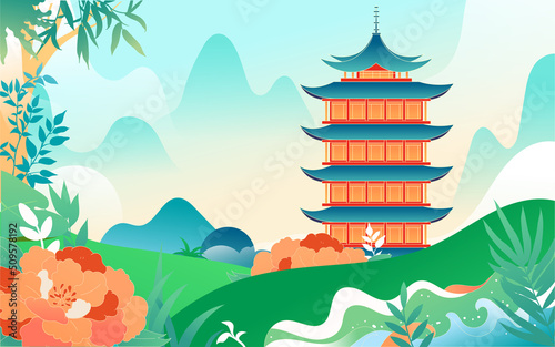 People travel on vacation with various plants and buildings in the background, vector illustration, Chinese translation: Summer Solstice