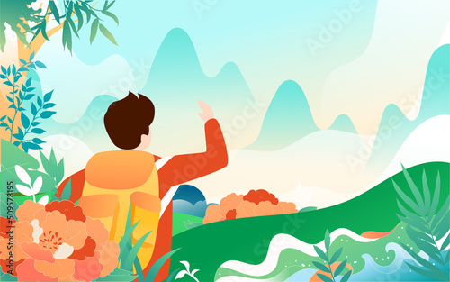 People travel on vacation with various plants and buildings in the background, vector illustration, Chinese translation: Summer Solstice