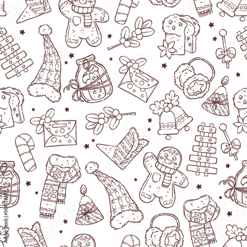 Christmas pattern with traditional Christmas symbols, sweets and decorative elements. Seamless pattern for wrapping, backgrounds, wallpapers, textile composition. Vector hand drawn sketch.