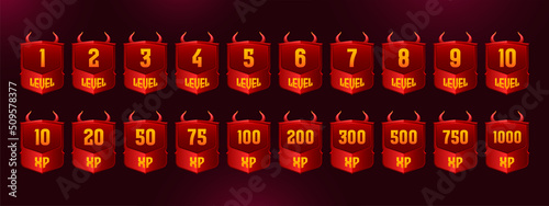 Red badges with game level number and xp points. Vector cartoon icons of rank labels with rank, gold numbers of experience value and devil horns isolated on background