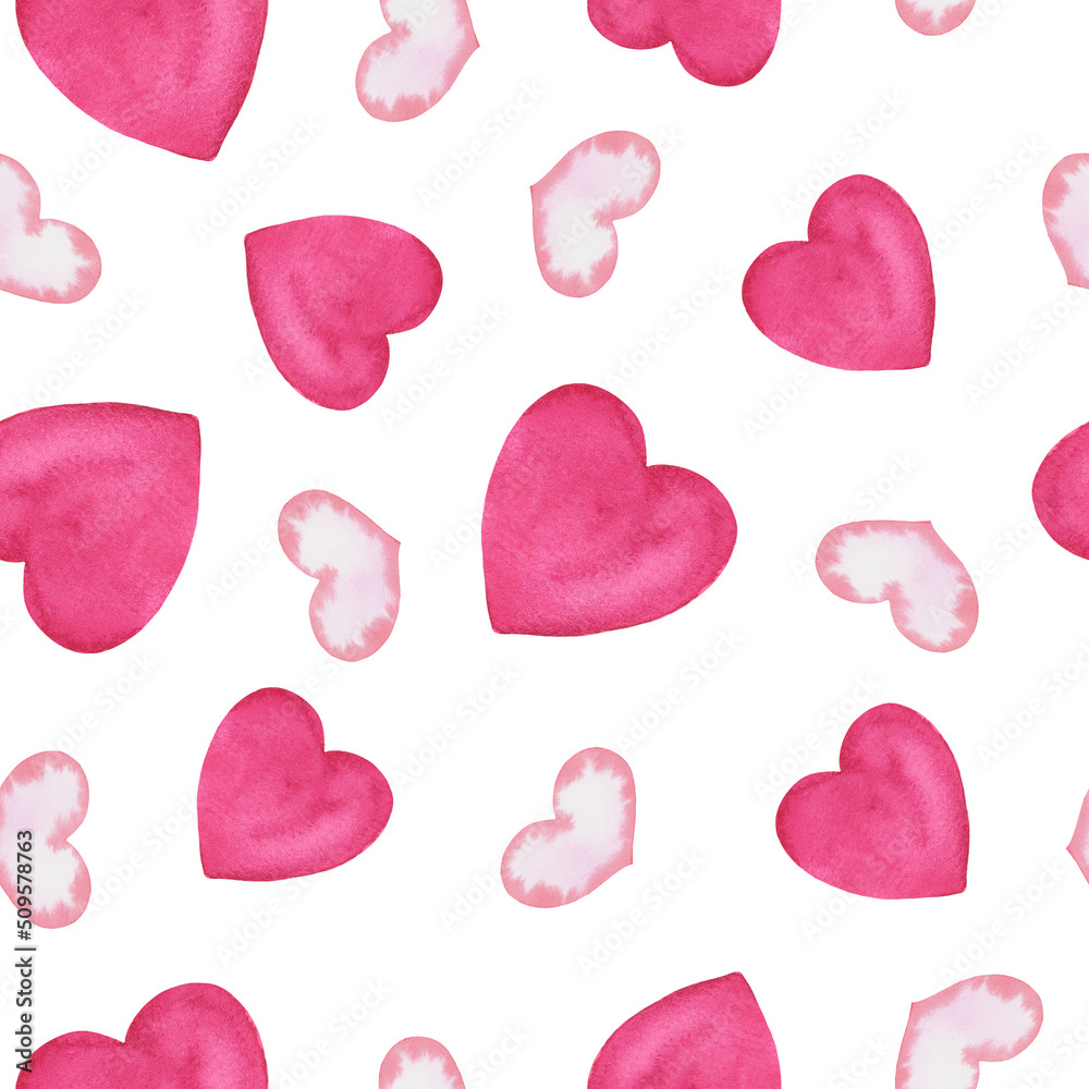 Fototapeta premium Seamless pattern of red hearts. Watercolor illustration, can be used for gift wrapping, digital paper, fabric pattern. Pattern for Valentine's Day