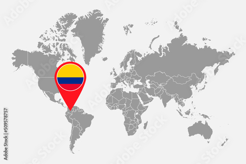 Pin map with Colombia flag on world map. Vector illustration.