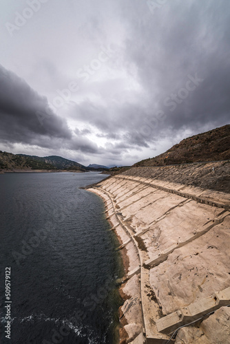 Wall of the Atazar dam and reservoir of the same name. Atazar (Madrid).