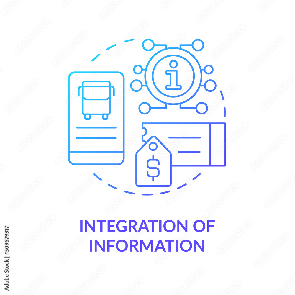 Integration of information blue gradient concept icon. Mobile application. Maas integration level abstract idea thin line illustration. Isolated outline drawing. Myriad Pro-Bold font used Integration of information blue gradient concept icon. Mobile application. Maas integration level abstract idea thin line illustration. Isolated outline drawing. Myriad Pro-Bold font used