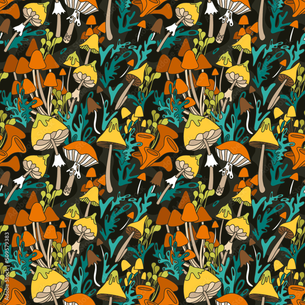 Seamless pattern in retro hippie style with mushrooms, amanita, toadstools. Background 70s, 80s stylization with fantastic mushrooms, tribal pattern. Seamless pattern in retro hippie style with mushrooms, amanita, toadstools. Background 70s, 80s stylization with fantastic mushrooms, tribal pattern.