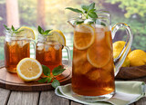 Pitcher of cold ice tea with rural summer background
