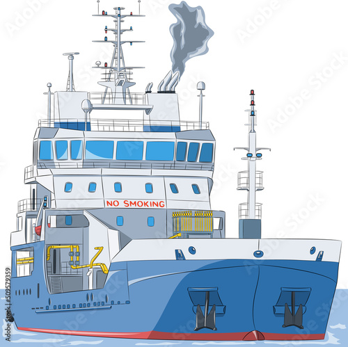 A medium-sized refueling tanker with yellow pipelines goes out to sea.