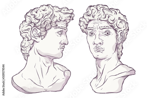 Greek statues. Plaster heads of David from various angles. Marble bust for posters, postcards, t-shirt prints. Saint David's Head in full face and profile. Vector hand drawn style illustration.