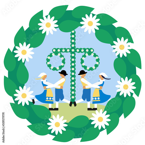 Swedish midsummer. Dancing couples in traditional Swedish folklore costume. A wreath with flowers.
