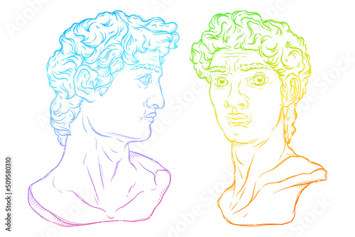 Greek statues. Plaster heads of David from various angles. Marble bust for posters, postcards, t-shirt prints. Saint David's Head in full face and profile. Vector hand drawn style illustration.