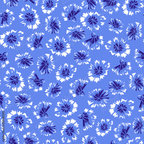 Seamless pattern with contrast abstract flowers on light blue background. Hand drawn cornflowers sketch. Vector floral print for female fabric, summer screen printing, cute cover, wallpaper.