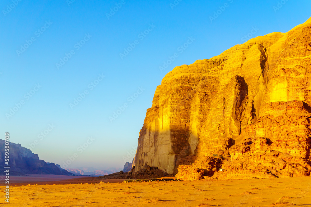 Landscape with cliffs and various rock formations, in Wadi Rum