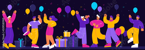 Happy people on night party with big gift boxes, confetti and balloons. Vector flat illustration of friends celebrate birthday, holiday and have fun together on black background