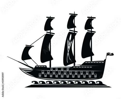 Line art of Pirates ships beyond the sea with Pirates signs on ship canvas and flag drawing in black and white vector