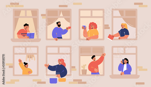 Neighbors in windows greeting each other, drink coffee, read and talk on phone. Vector flat illustration of good conversation in neighborhood. House facade with happy people in windows