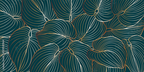 Luxurious art deco gold line hosta leaves background hand drawn line tropical leaves. Wallpaper design for web, poster, cover, banner, fabric, invitation